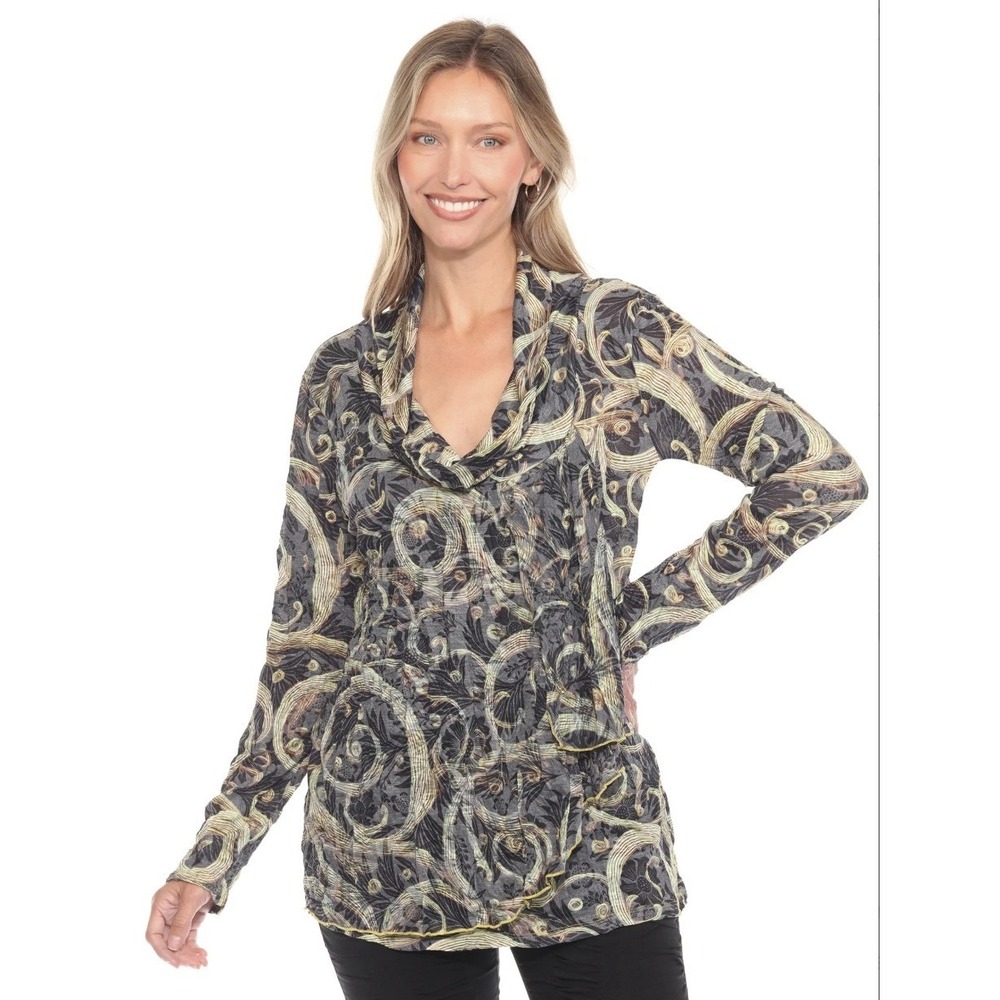 Carine Wang Kiley Top Gold Sculpt Print Cowl Neck Long Sleeve Blouse NWT Large